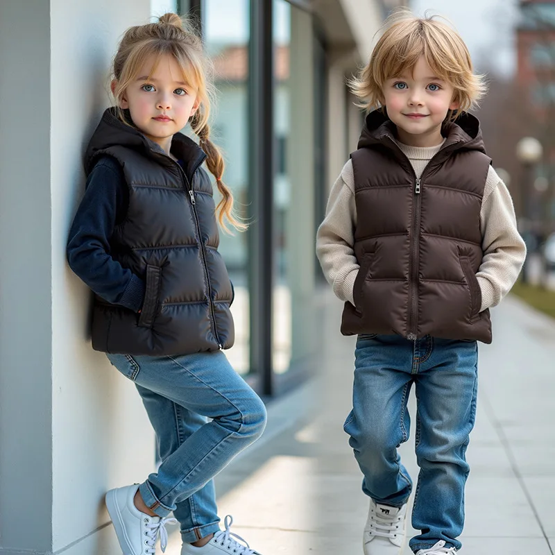2026 Autumn Winter New Boys Girls Vest Solid Color Waterproof Thick Keep Warm Zipper Jacket For 4-14Y Kids Cotton Down Waistcoat