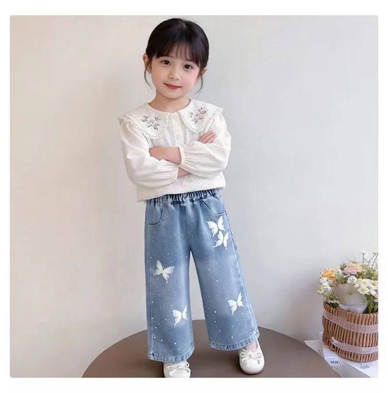 Girls BlingBling Denim Pants New Baby Diamond Bow Print Jeans Children Clothes Kids Straight Legged Pants Loose Trousers 2-10Y
