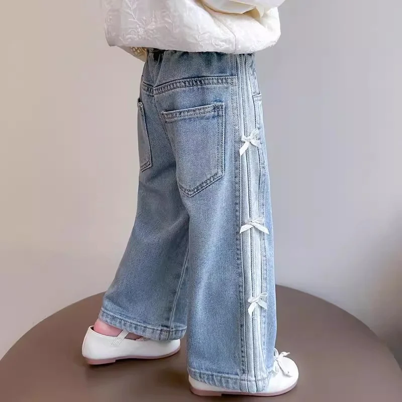 Girls BlingBling Denim Pants New Baby Diamond Bow Print Jeans Children Clothes Kids Straight Legged Pants Loose Trousers 2-10Y