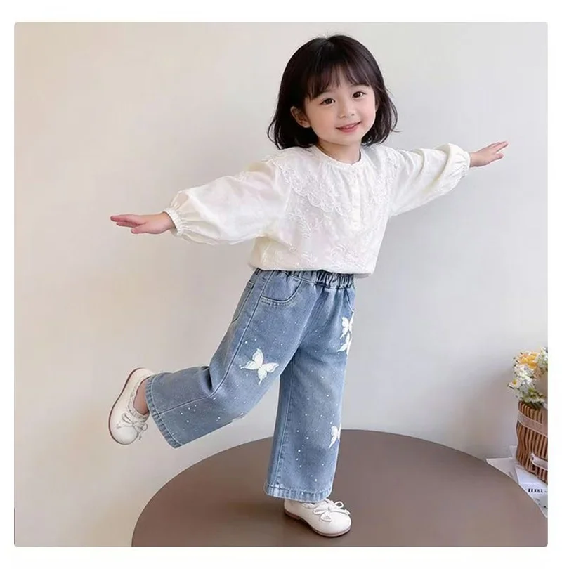 Girls BlingBling Denim Pants New Baby Diamond Bow Print Jeans Children Clothes Kids Straight Legged Pants Loose Trousers 2-10Y