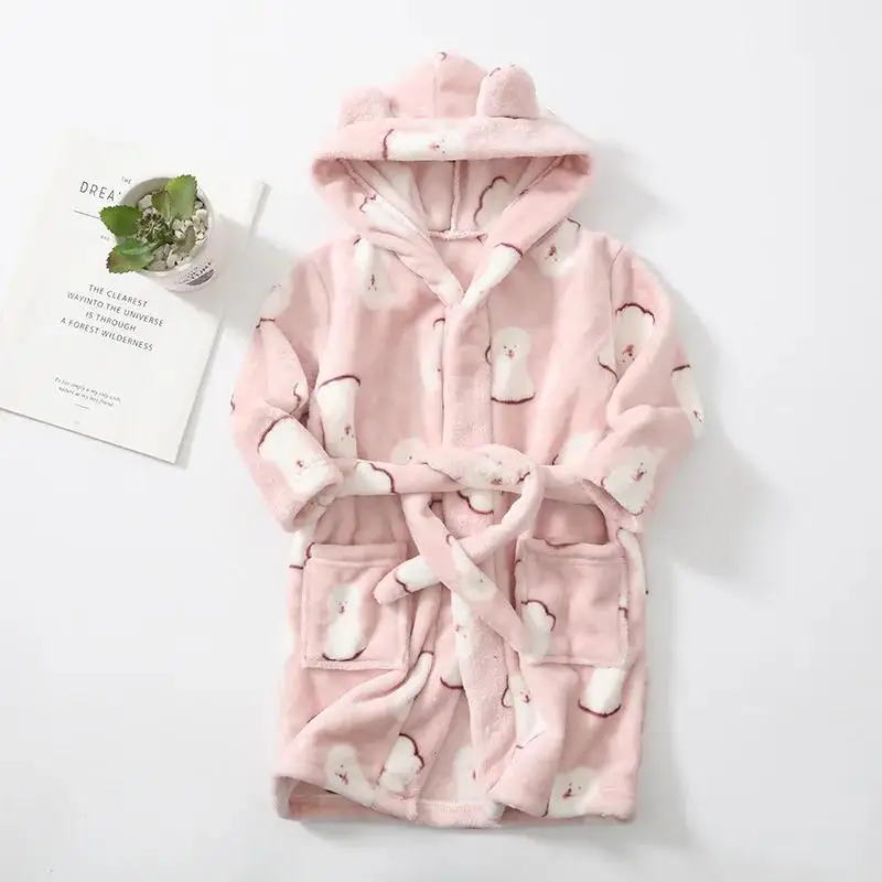 Kids Coral Velvet Bathrobe Baby Girls Boy Cartoon Fleece Pajamas Children Soft Bath Robe Nightgown Teenager Toddler Clothing