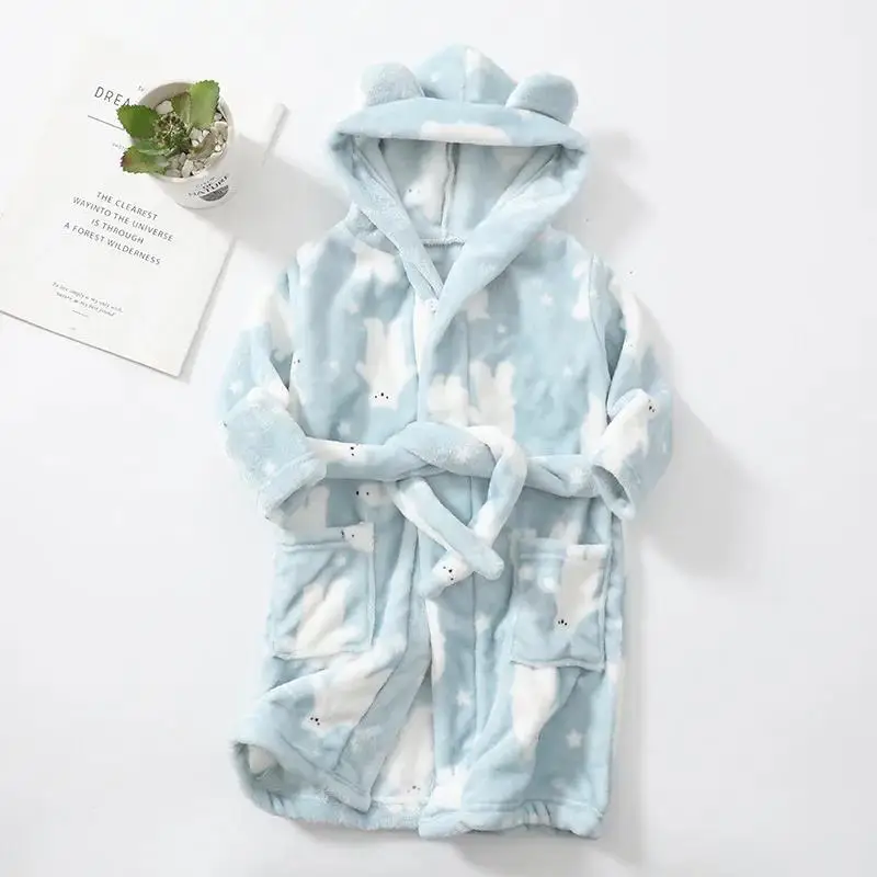 Kids Coral Velvet Bathrobe Baby Girls Boy Cartoon Fleece Pajamas Children Soft Bath Robe Nightgown Teenager Toddler Clothing