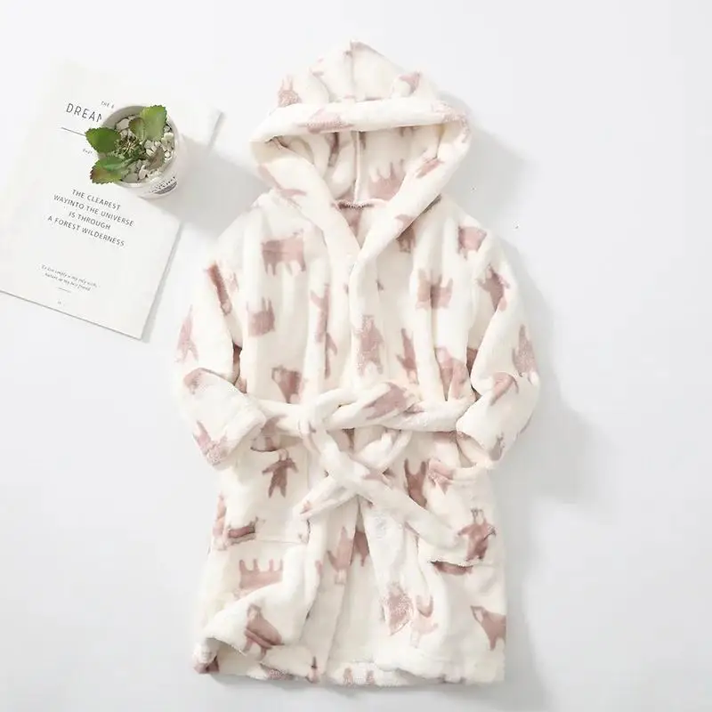 Kids Coral Velvet Bathrobe Baby Girls Boy Cartoon Fleece Pajamas Children Soft Bath Robe Nightgown Teenager Toddler Clothing