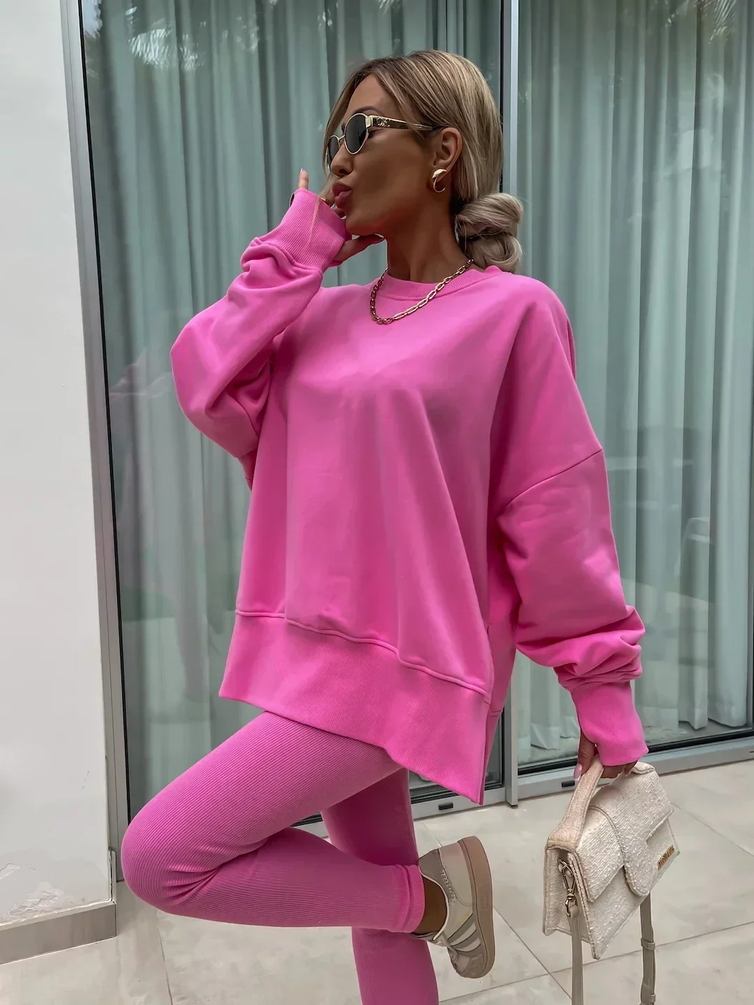 Women's 2-Piece Sports Set Spring Autumn Fashion Loose Long Sleeve O-Neck Sweater Top Slim Fit Leggings Casual Outfit