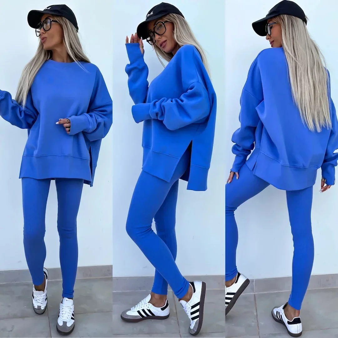 Women's 2-Piece Sports Set Spring Autumn Fashion Loose Long Sleeve O-Neck Sweater Top Slim Fit Leggings Casual Outfit