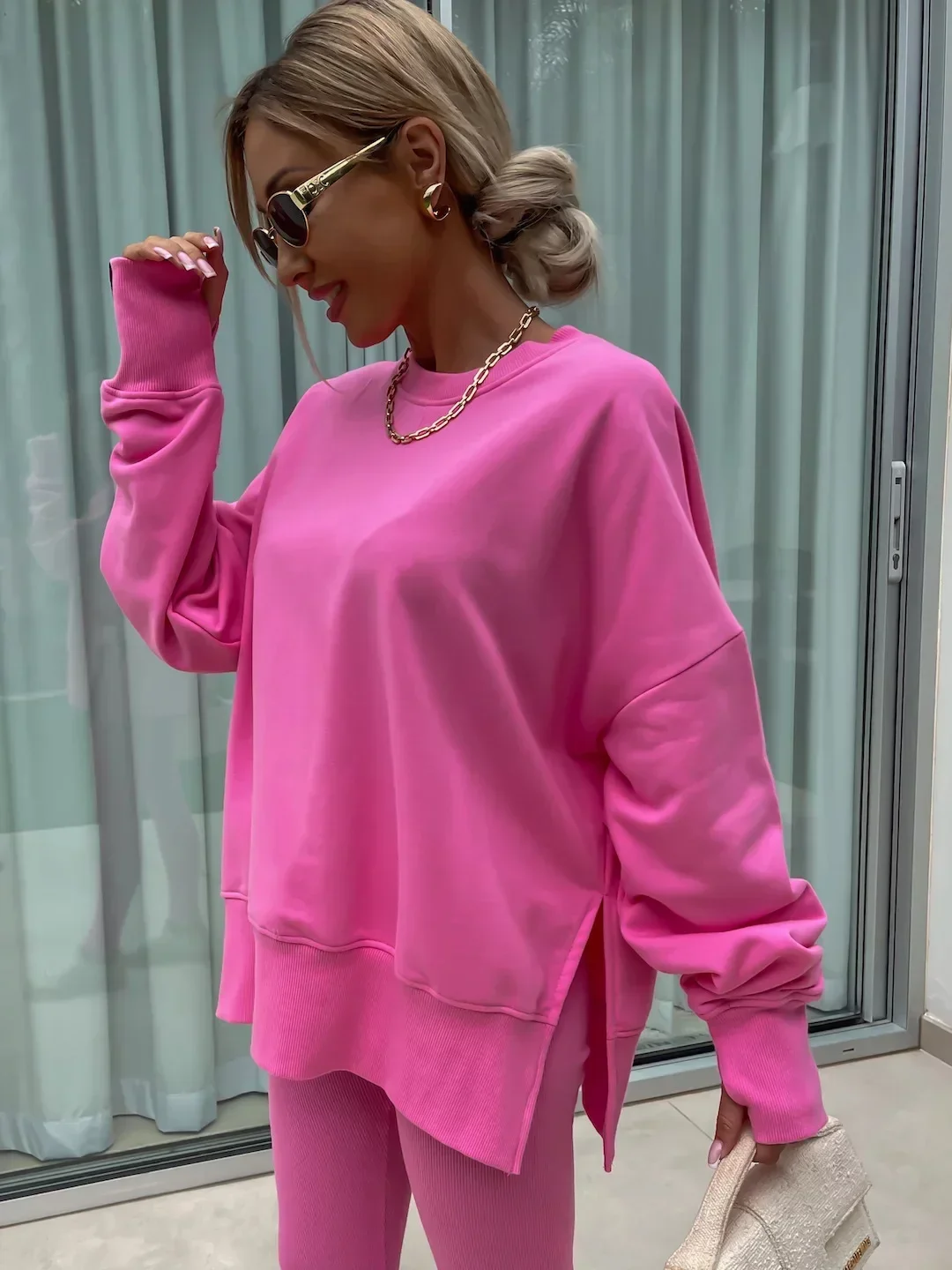 Women's 2-Piece Sports Set Spring Autumn Fashion Loose Long Sleeve O-Neck Sweater Top Slim Fit Leggings Casual Outfit