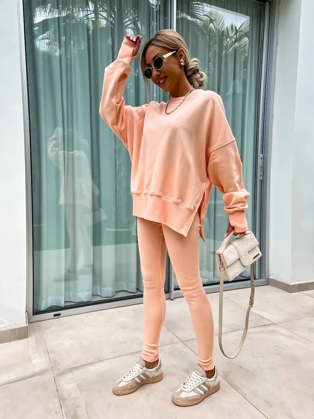 Women's 2-Piece Sports Set Spring Autumn Fashion Loose Long Sleeve O-Neck Sweater Top Slim Fit Leggings Casual Outfit
