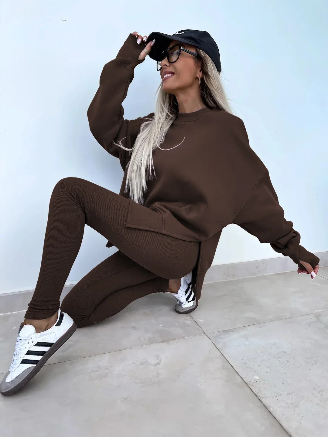 Women's 2-Piece Sports Set Spring Autumn Fashion Loose Long Sleeve O-Neck Sweater Top Slim Fit Leggings Casual Outfit