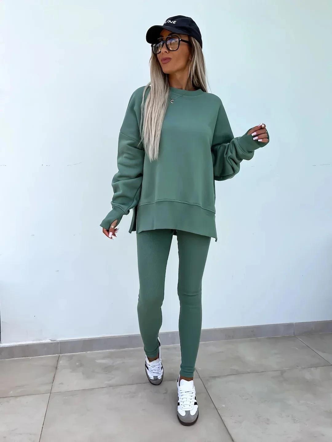 Women's 2-Piece Sports Set Spring Autumn Fashion Loose Long Sleeve O-Neck Sweater Top Slim Fit Leggings Casual Outfit