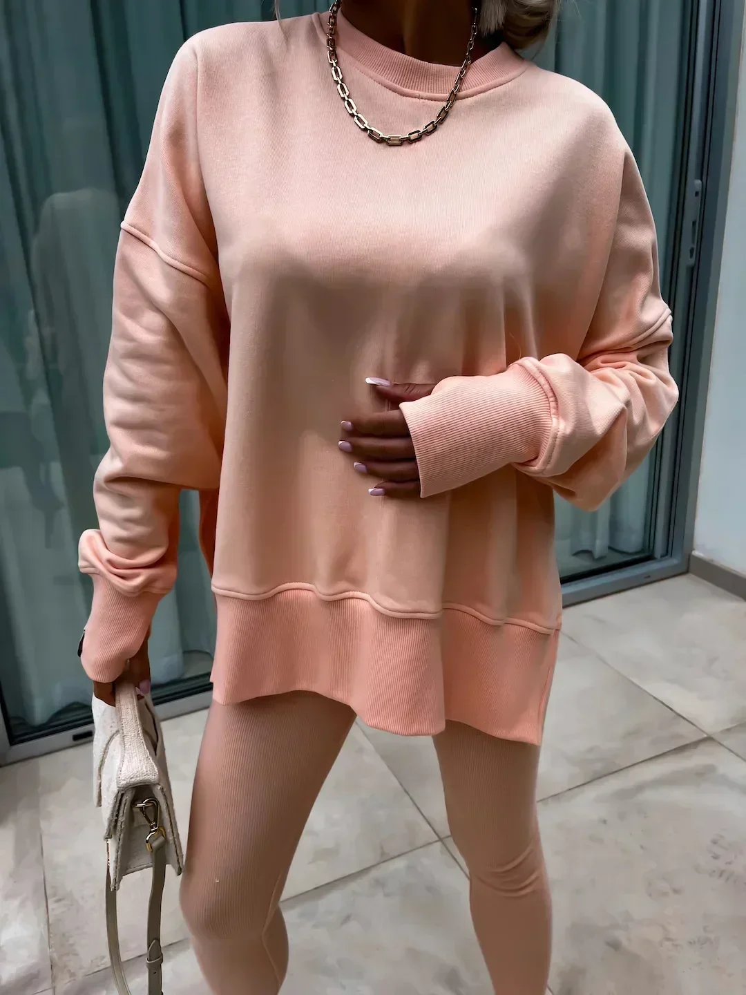 Women's 2-Piece Sports Set Spring Autumn Fashion Loose Long Sleeve O-Neck Sweater Top Slim Fit Leggings Casual Outfit