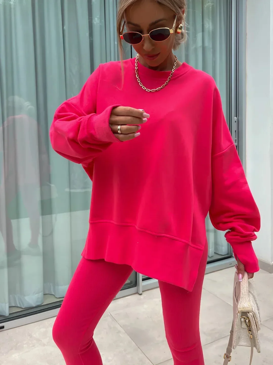 Women's 2-Piece Sports Set Spring Autumn Fashion Loose Long Sleeve O-Neck Sweater Top Slim Fit Leggings Casual Outfit