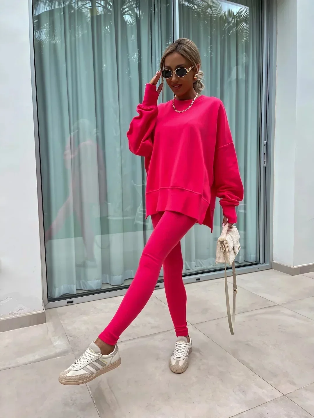 Women's 2-Piece Sports Set Spring Autumn Fashion Loose Long Sleeve O-Neck Sweater Top Slim Fit Leggings Casual Outfit