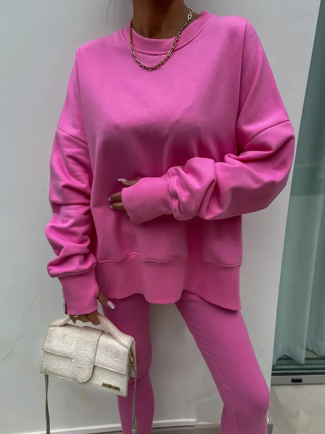 Women's 2-Piece Sports Set Spring Autumn Fashion Loose Long Sleeve O-Neck Sweater Top Slim Fit Leggings Casual Outfit