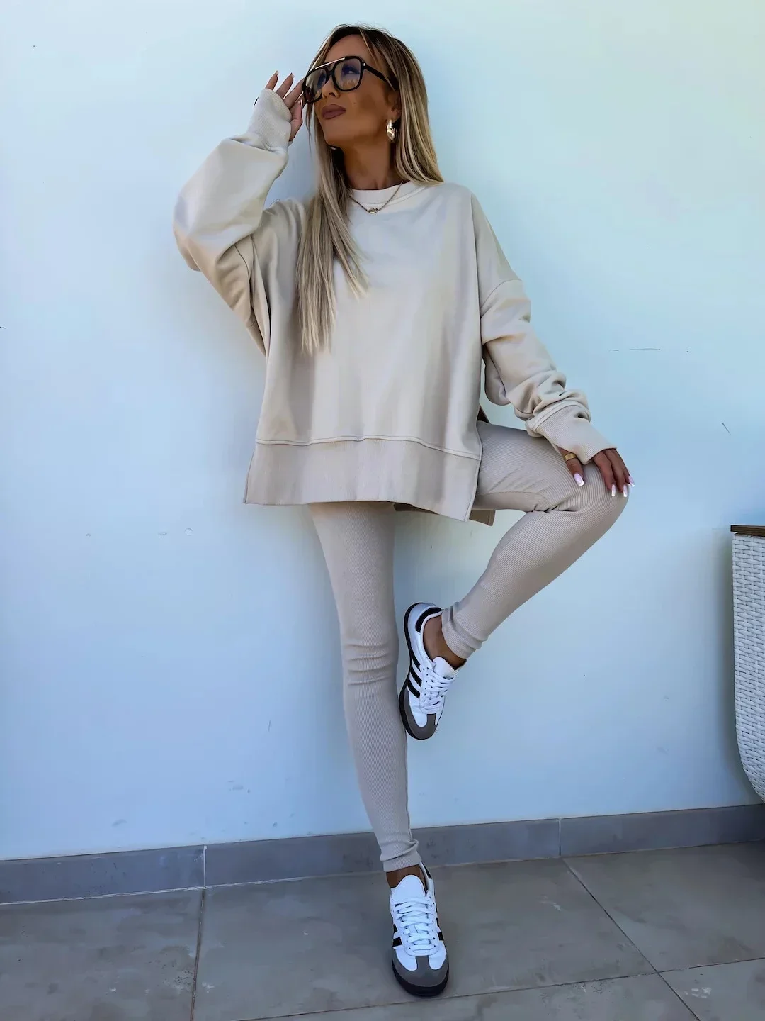 Women's 2-Piece Sports Set Spring Autumn Fashion Loose Long Sleeve O-Neck Sweater Top Slim Fit Leggings Casual Outfit