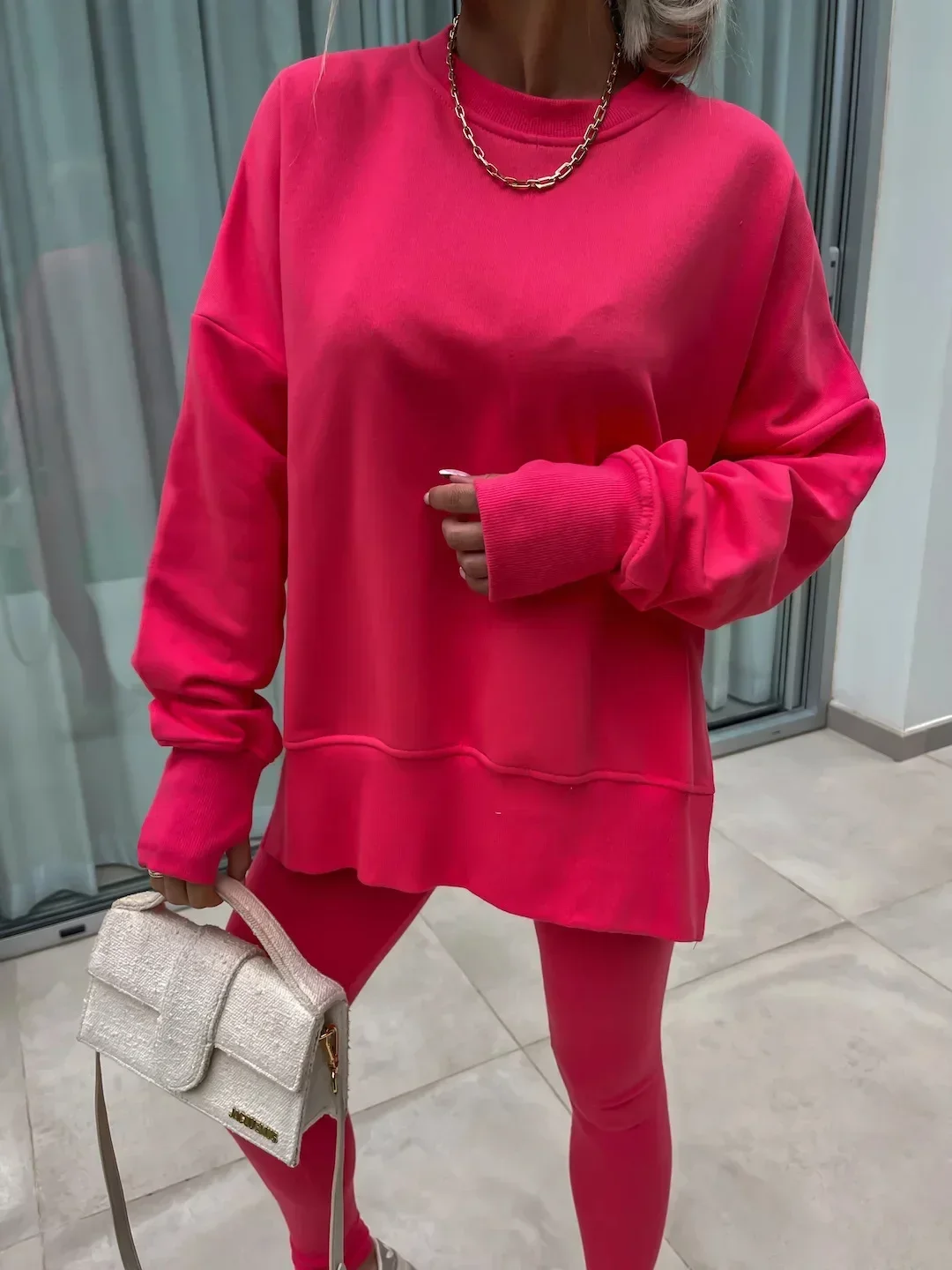 Women's 2-Piece Sports Set Spring Autumn Fashion Loose Long Sleeve O-Neck Sweater Top Slim Fit Leggings Casual Outfit