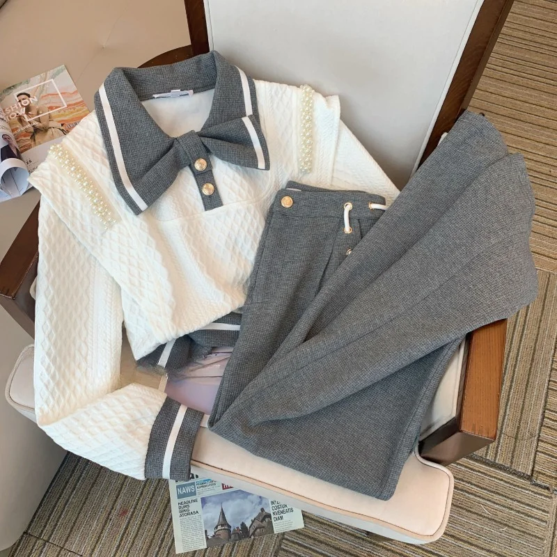 Fashion 2 Piece Sets Women Clothing Sweet Beading Bow Hoodie Tops High Waist Straight Wide Leg Pants Outfits Casual Korean Suit
