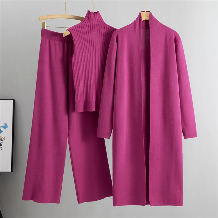2026 Winter And Autumn Fashionable Elegant Women's Knitted 3-Piece Set cardigan Women's Sweater Women's Wide Leg Pants