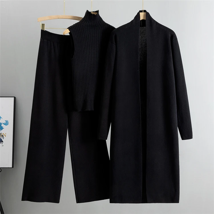 2026 Winter And Autumn Fashionable Elegant Women's Knitted 3-Piece Set cardigan Women's Sweater Women's Wide Leg Pants