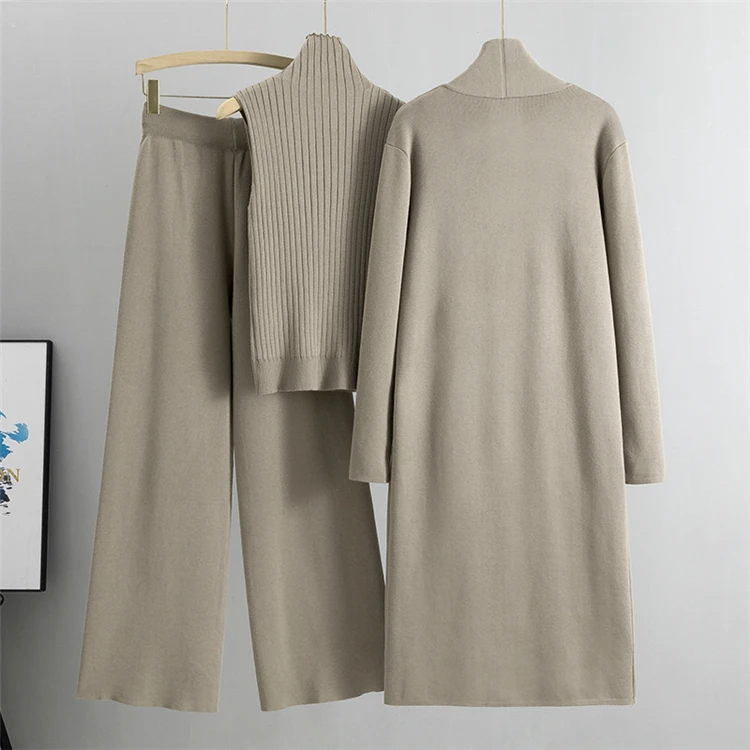 2026 Winter And Autumn Fashionable Elegant Women's Knitted 3-Piece Set cardigan Women's Sweater Women's Wide Leg Pants