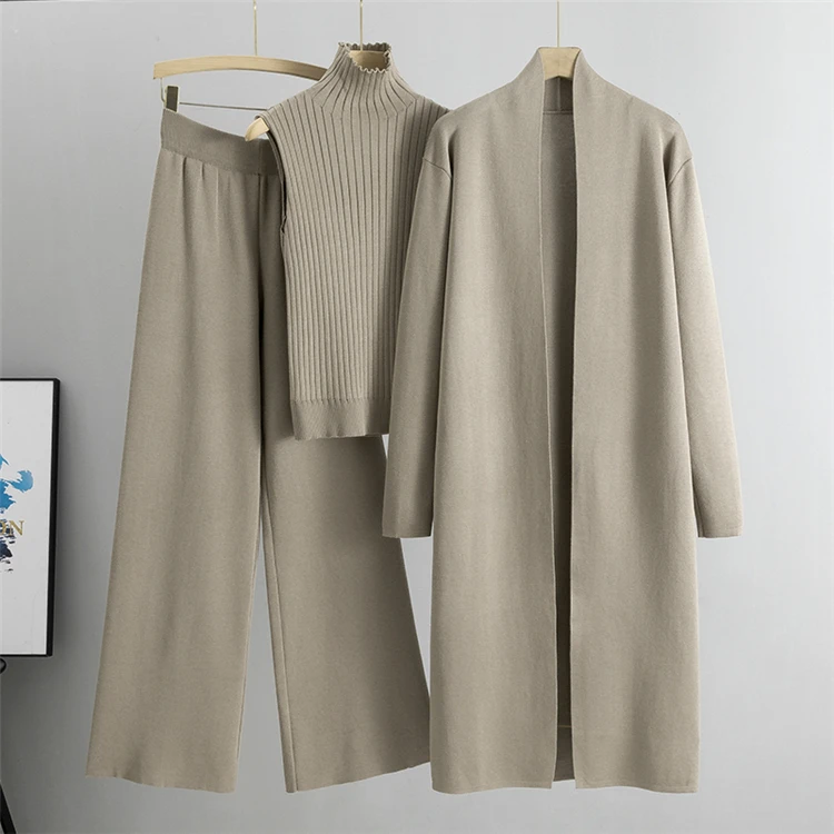 2026 Winter And Autumn Fashionable Elegant Women's Knitted 3-Piece Set cardigan Women's Sweater Women's Wide Leg Pants