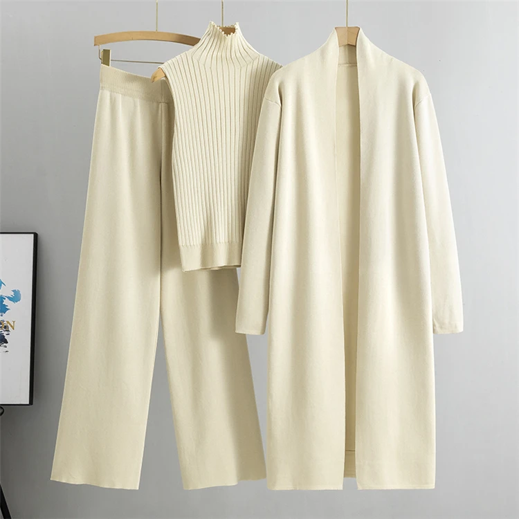 2026 Winter And Autumn Fashionable Elegant Women's Knitted 3-Piece Set cardigan Women's Sweater Women's Wide Leg Pants