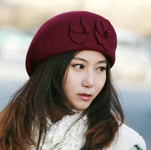 Fashion Women Flowers Cashmere Berets Female Bonnet Caps Winter Women's Hats High Quality Wool Beret Lady Painter Hats Lady
