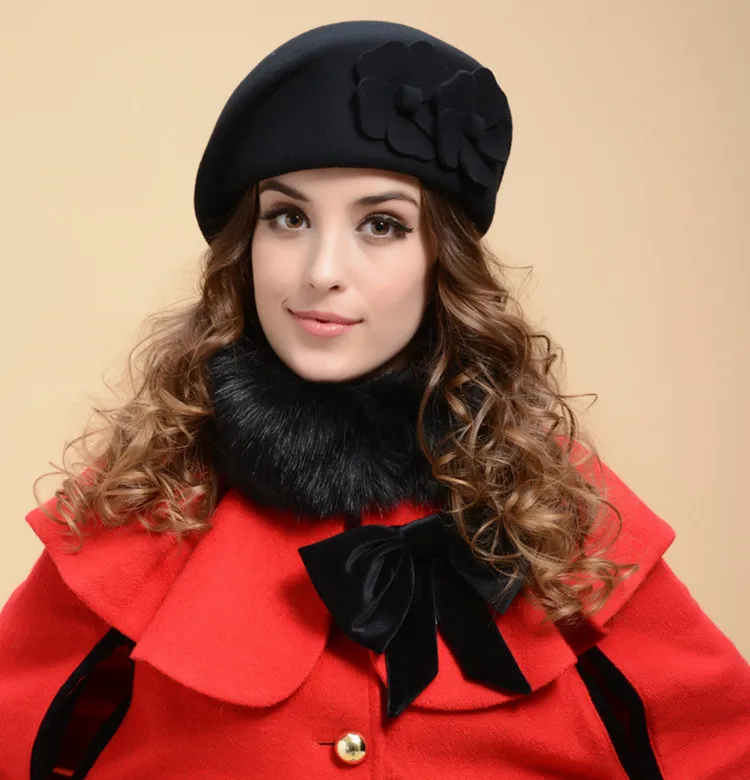 Fashion Women Flowers Cashmere Berets Female Bonnet Caps Winter Women's Hats High Quality Wool Beret Lady Painter Hats Lady