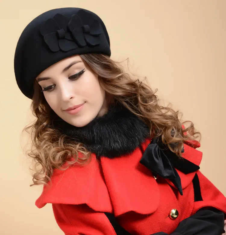 Fashion Women Flowers Cashmere Berets Female Bonnet Caps Winter Women's Hats High Quality Wool Beret Lady Painter Hats Lady