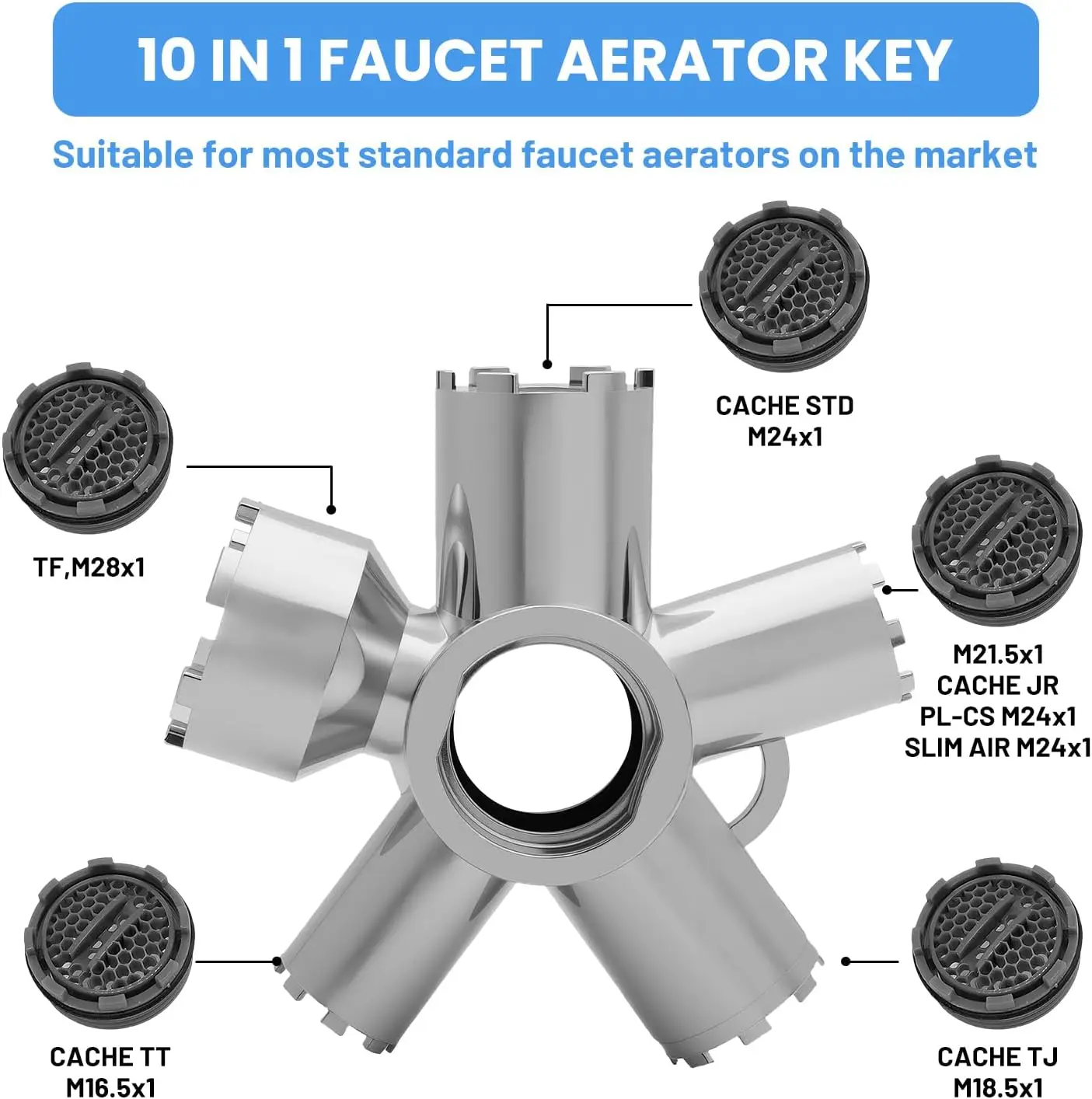 10-in-1 Metal Faucet Aerator Key Removal Tool for M16.5-M28, Heavy Duty Cache Aerator Wrench for Sink Tap