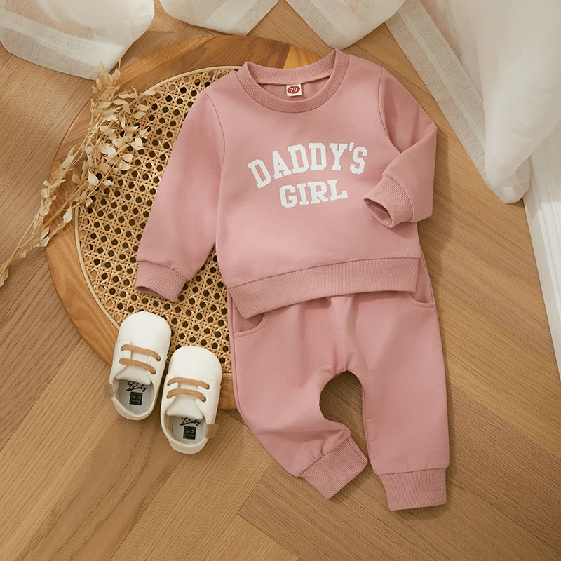 Winter Fall Casual New Baby Girls Outfits Clothes Fashion Letters Print Long Sleeve Sweatshirt Tops Elastic Waist Pants Outfits