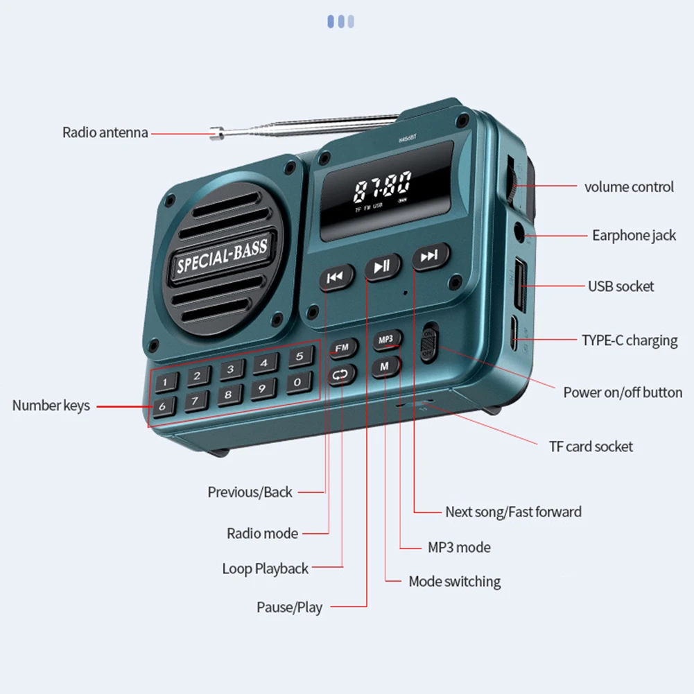 Portable Digital FM Radio Rechargeable Digital Radio Recorder with LED Display BT 5.4 Radio Speaker for Home Travel