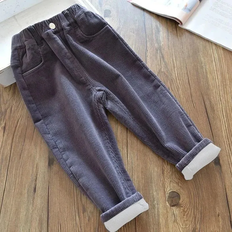 Kids Warm Pants Boy Girls Autumn Winter Corduroy Thick Outer Wear Sports Trousers 1-9Y Children Clothes Casual High Waist Pants