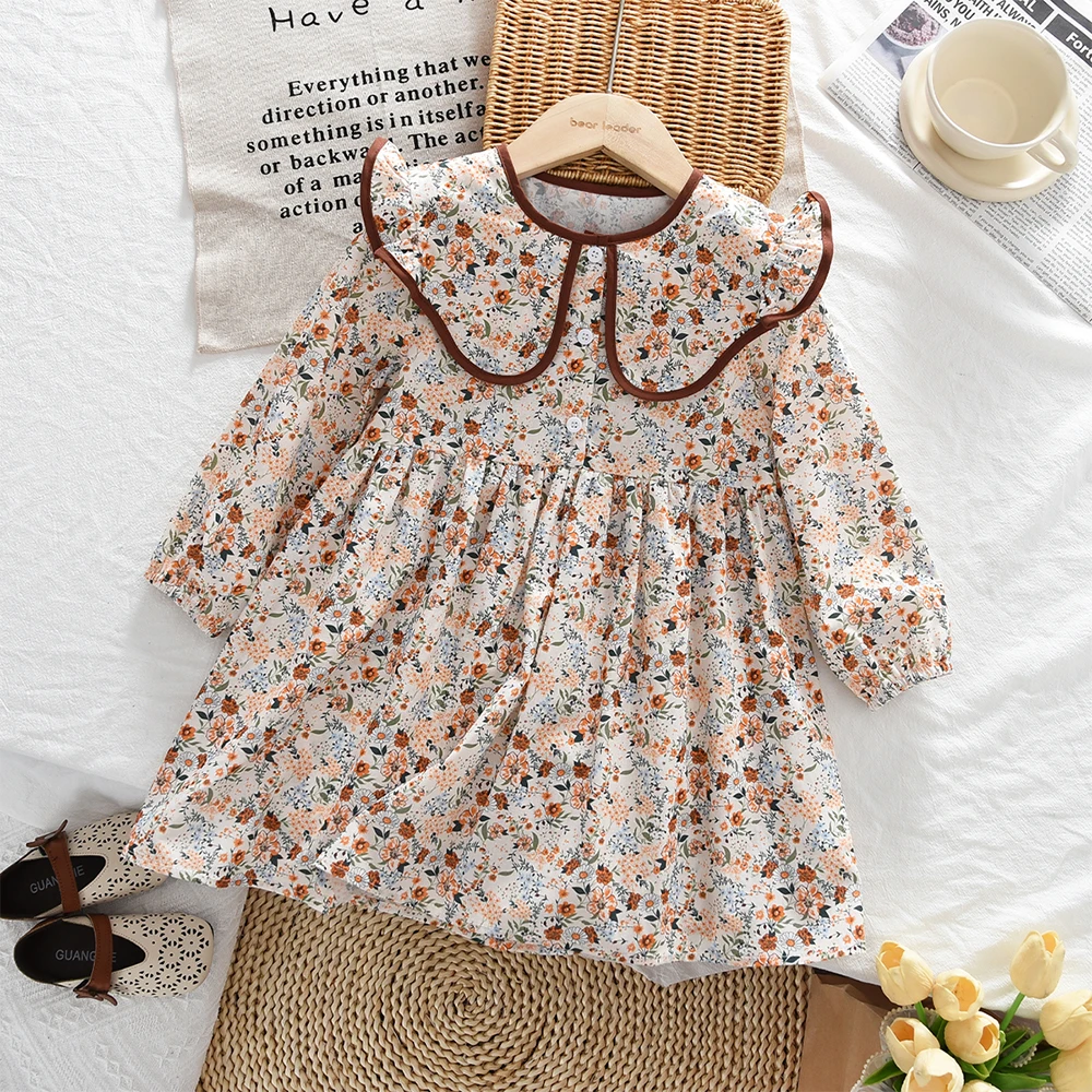 2-6 Year Old Girls' Casual Clothes Autumn New Item Lapel Long Sleeved Floral Dress Sweet and Lovely Countryside Style