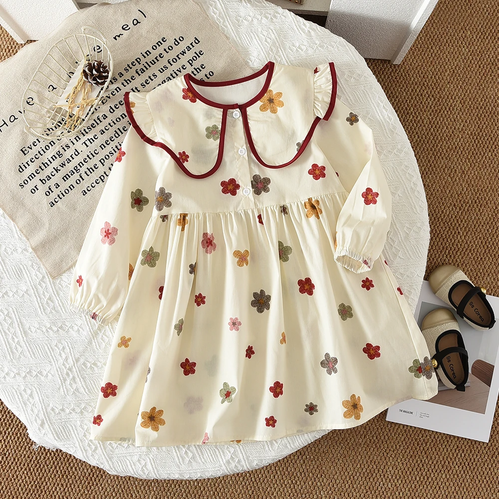 2-6 Year Old Girls' Casual Clothes Autumn New Item Lapel Long Sleeved Floral Dress Sweet and Lovely Countryside Style
