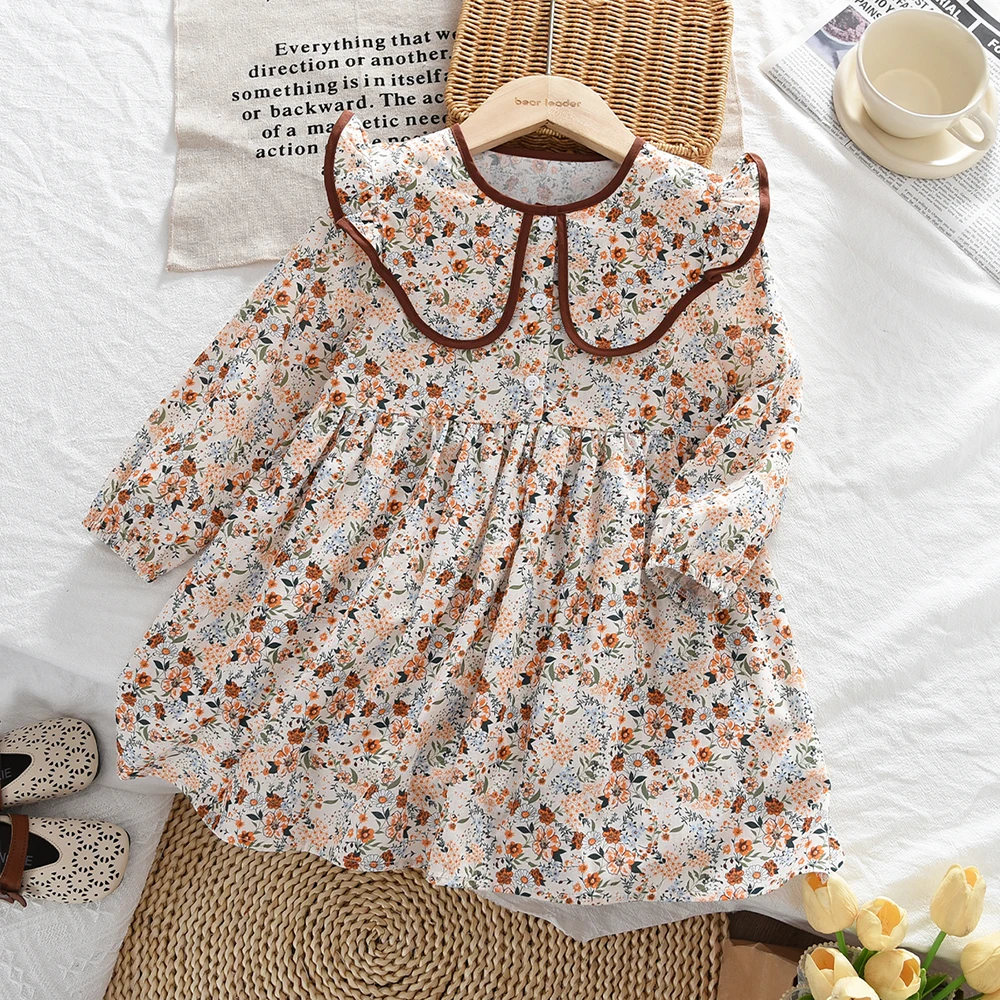 2-6 Year Old Girls' Casual Clothes Autumn New Item Lapel Long Sleeved Floral Dress Sweet and Lovely Countryside Style
