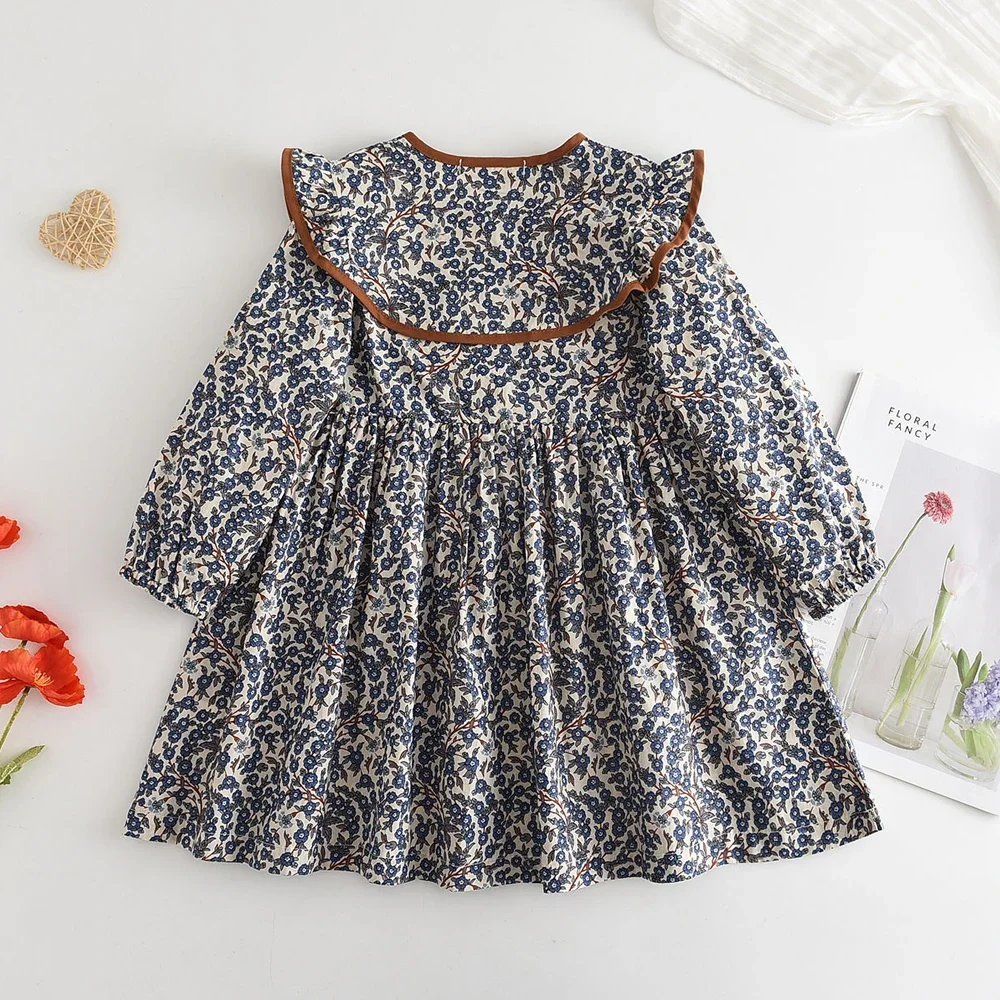 2-6 Year Old Girls' Casual Clothes Autumn New Item Lapel Long Sleeved Floral Dress Sweet and Lovely Countryside Style