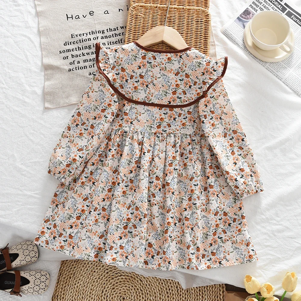 2-6 Year Old Girls' Casual Clothes Autumn New Item Lapel Long Sleeved Floral Dress Sweet and Lovely Countryside Style