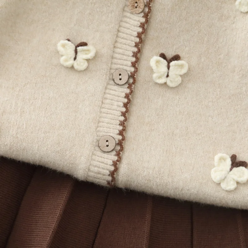 LILIIGIRL New Autumn Kids Sweater Set 2-6T Sweet Butterfly Girls Cardigan + Brown Skirt Korean Version Children Knitted Outfit