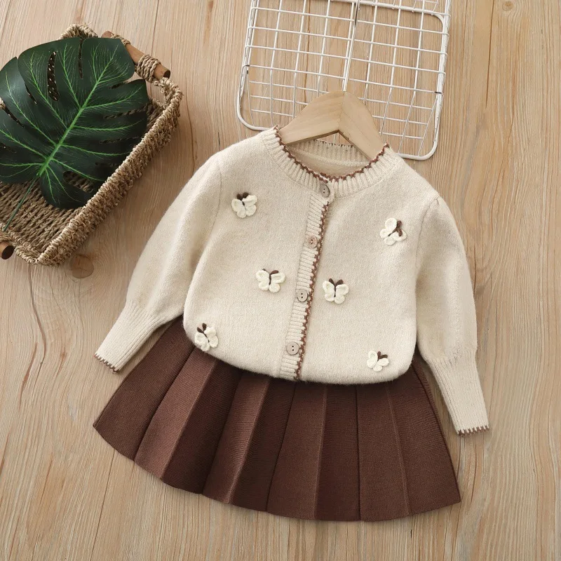 LILIIGIRL New Autumn Kids Sweater Set 2-6T Sweet Butterfly Girls Cardigan + Brown Skirt Korean Version Children Knitted Outfit