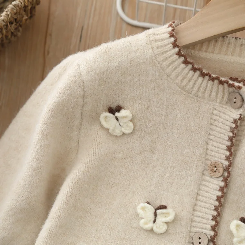 LILIIGIRL New Autumn Kids Sweater Set 2-6T Sweet Butterfly Girls Cardigan + Brown Skirt Korean Version Children Knitted Outfit