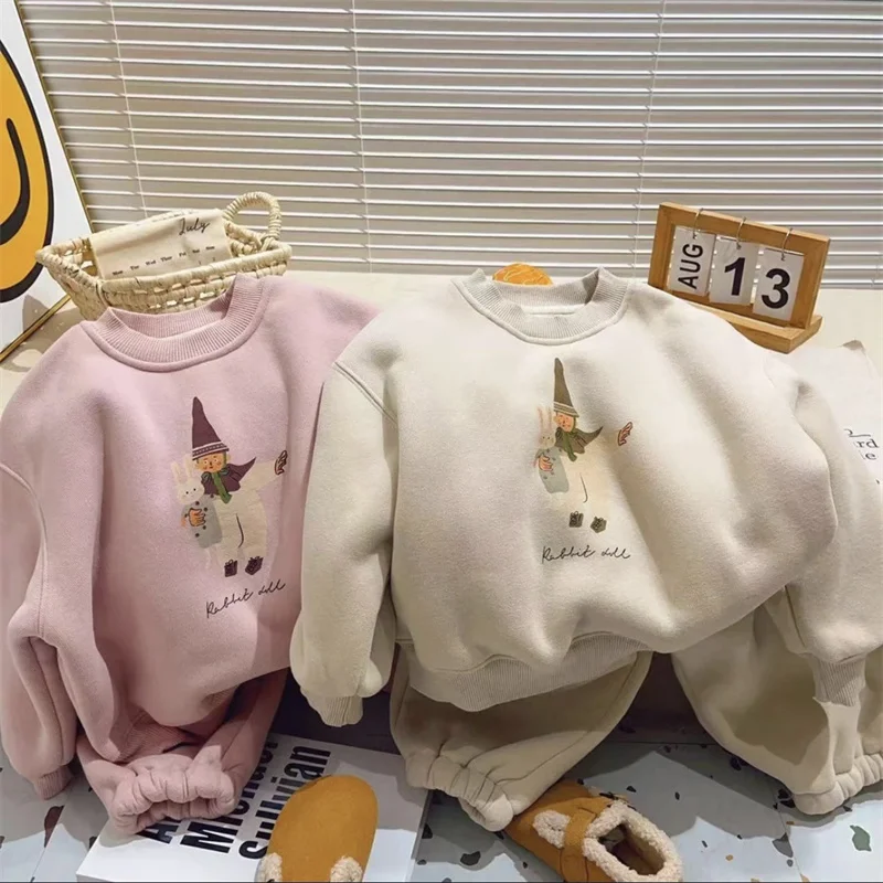 Children Winter Warm Suits Kids Comfortable Casual Long Sleeve Top+Pants 2Pc Outfits Girls Cute Print Thick Thermal Clothes Set
