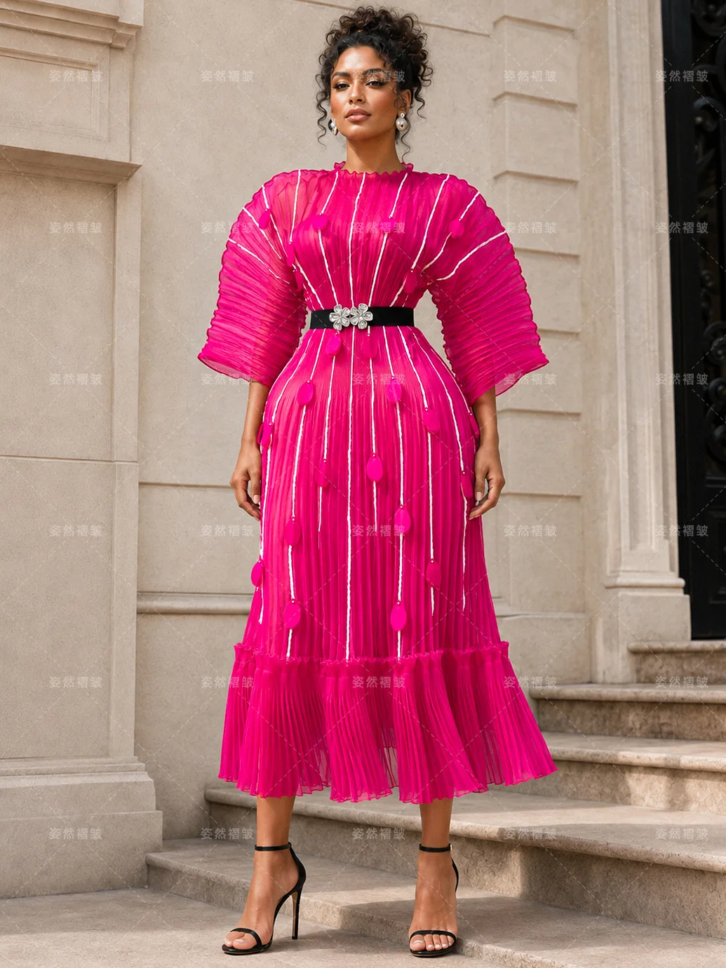 2026 New Waist and Thin Loose Women's Clothing Eugen Yarn Miyake Temperament Pleated Three-dimensional Flower Dress