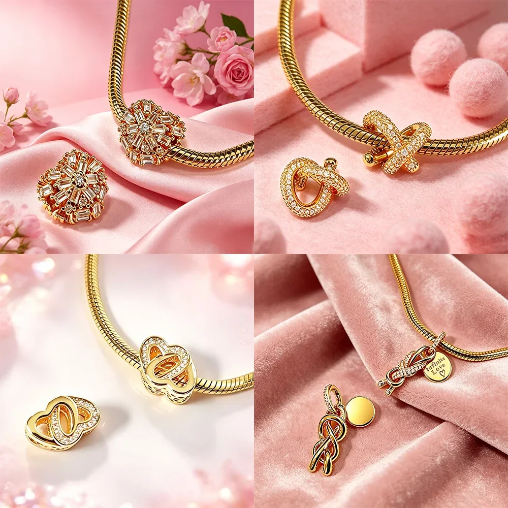 925 Silver Golden Zircon Love Rose Heart Letter Love Key Floral Charms Beads Fit Bracelet Pendant DIY Jewelry for Women Gift