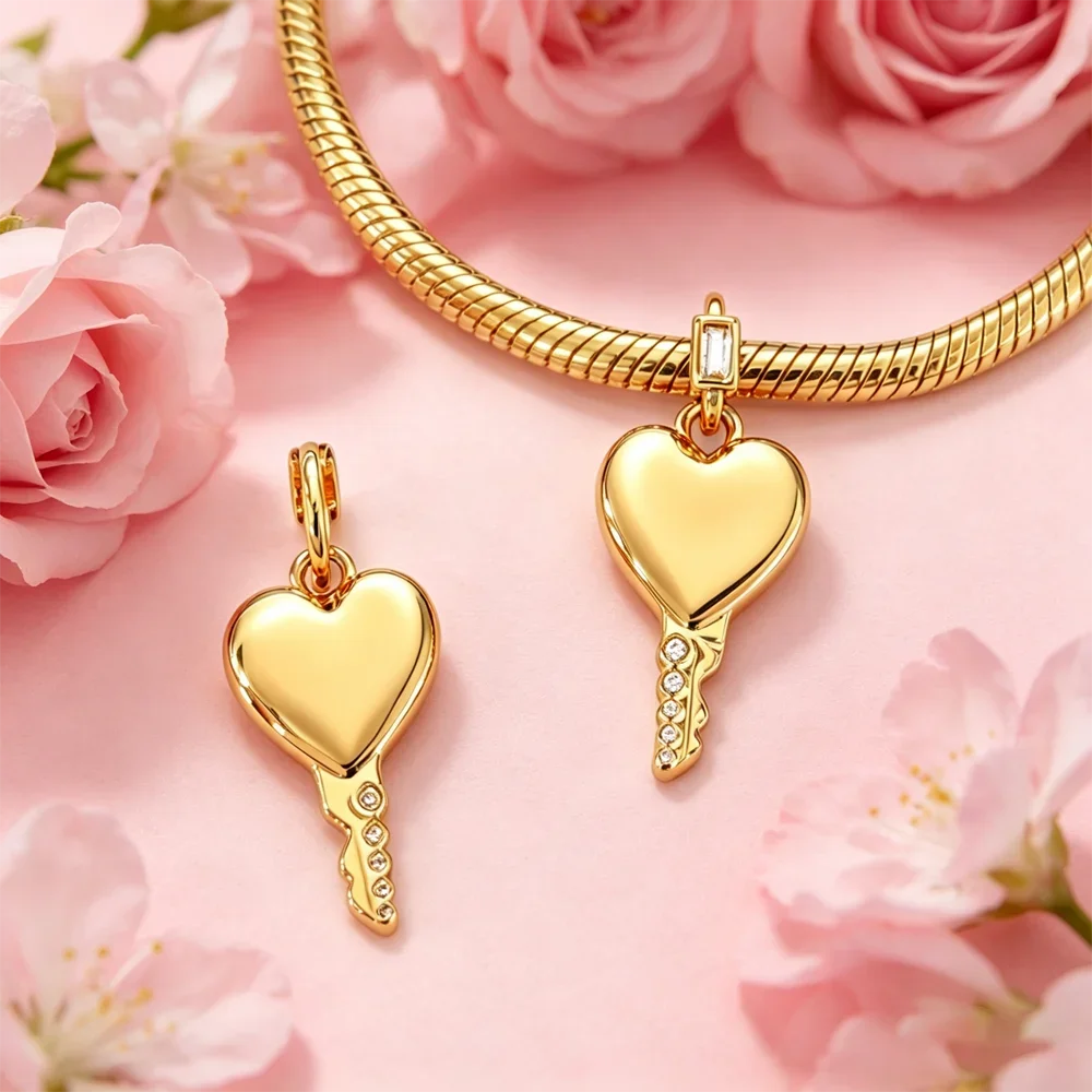 925 Silver Golden Zircon Love Rose Heart Letter Love Key Floral Charms Beads Fit Bracelet Pendant DIY Jewelry for Women Gift