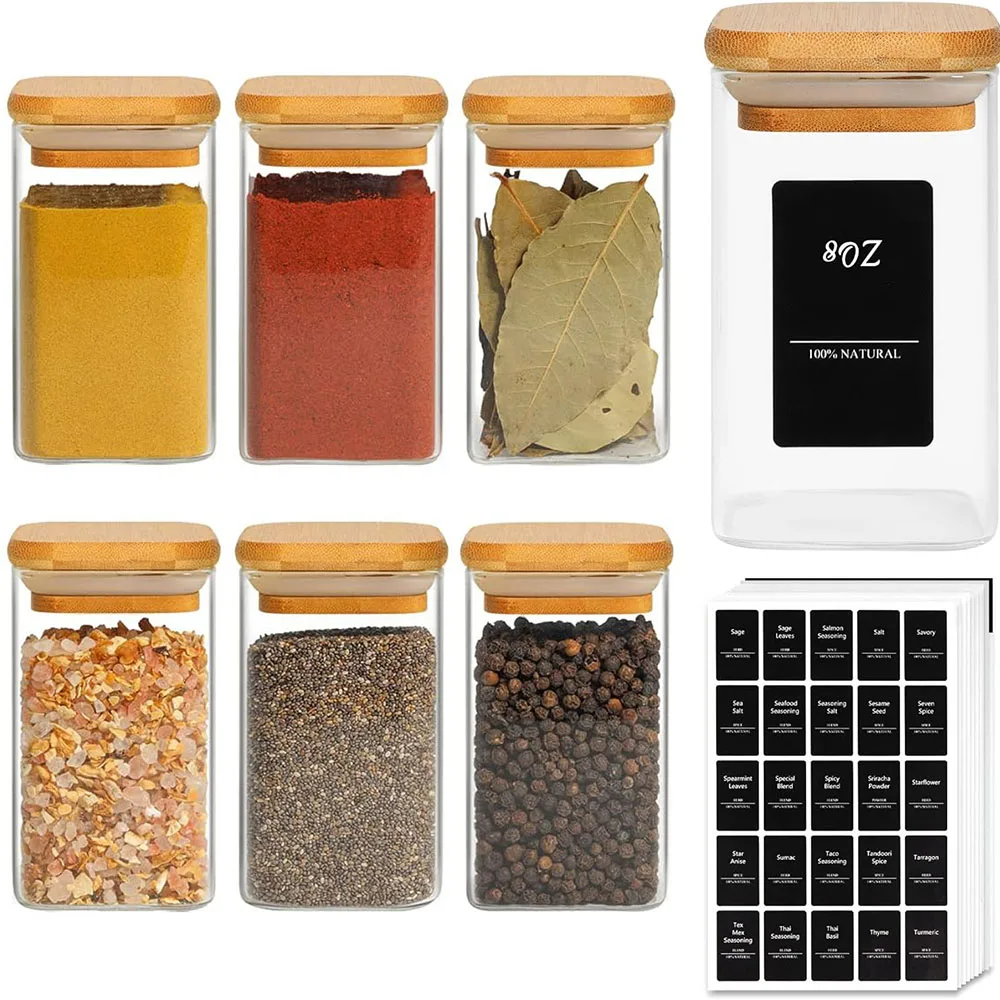 Glass Spice Jars with Bamboo Lid, 8oz Airtight Square Containers with Black Labels, Empty Seasoning Jars for Spice Salt Sugar