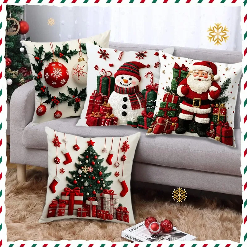 45x45cm Linen Plush Cartoon Snowman Print Throw Pillowcase Santa Cluas Xmas Merry Christmas Decor 2025 Happy New Year 2026