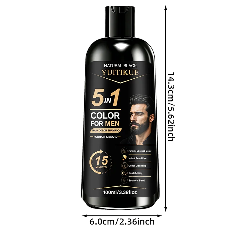 YUITIKUE 5 In 1 Men Black Hair Color Shampoo 15 Mins Natural Dye For Hair Beard Botanical Gentle Gray Coverage Home Dye Care