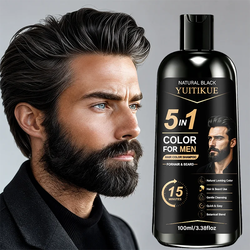 YUITIKUE 5 In 1 Men Black Hair Color Shampoo 15 Mins Natural Dye For Hair Beard Botanical Gentle Gray Coverage Home Dye Care