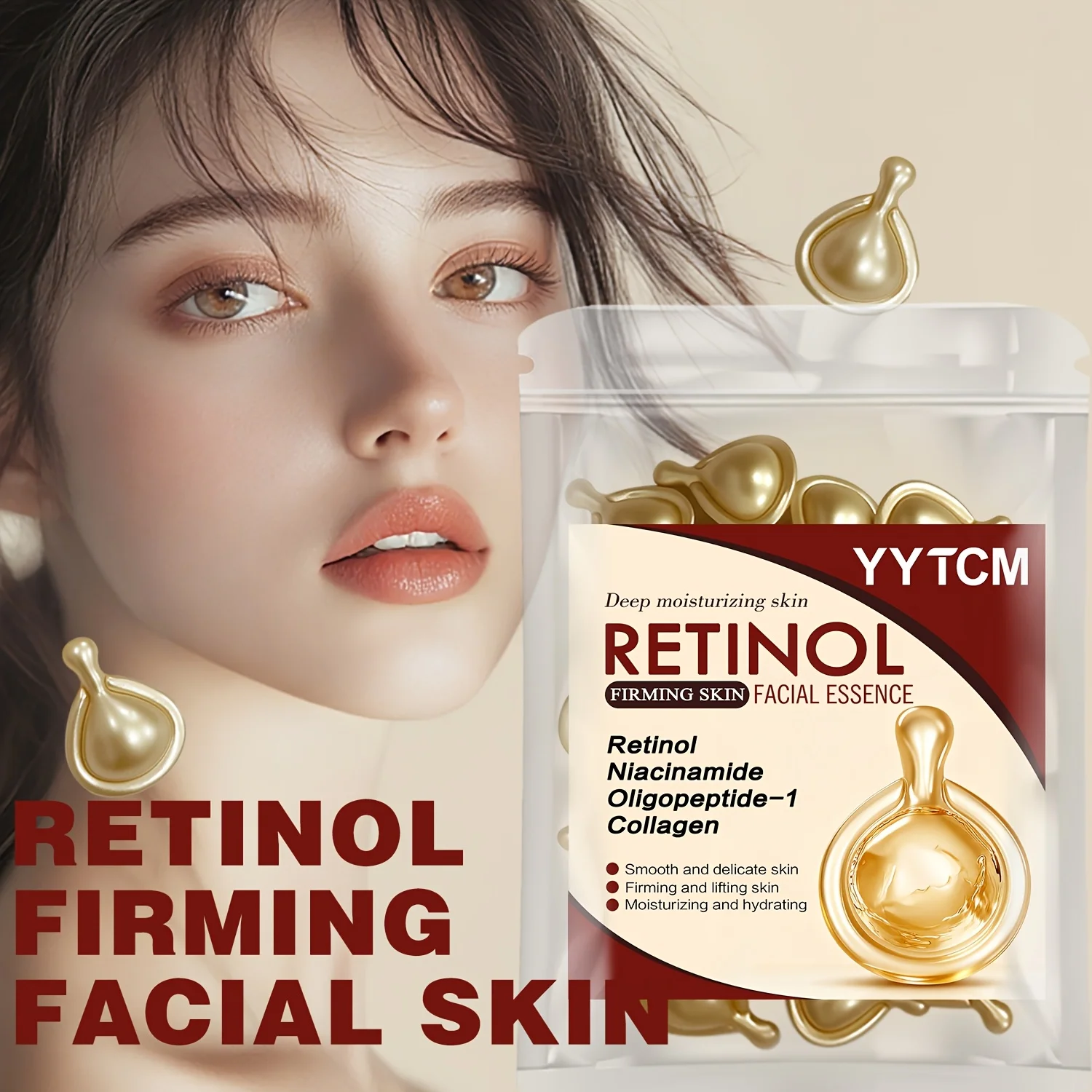 Retinol Firming Facial Moisturizing Essence Capsules, Retinol Facial Essence, Contains Hydrolyzed Collagen, Niacinamide, Deep Moisturizing (0.5Gx30 Capsules)/Bag-1 Bag