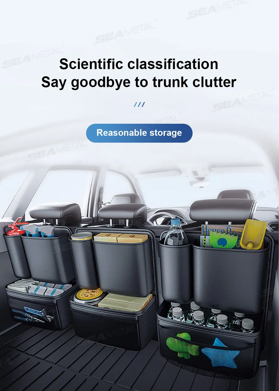 SEAMETAL Leatherette Car Trunk Organizer Large Capacity Seat Back Storage Bag with 4 Pockets Multifunction Use for Car Trunk SUV